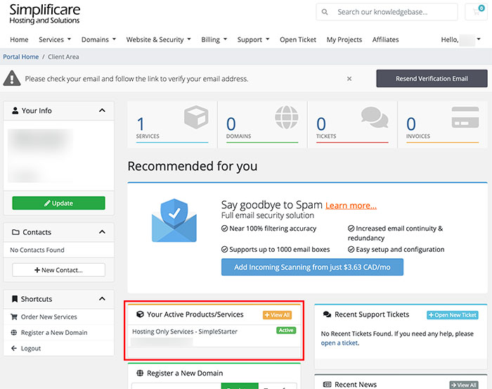 Simplficare Client Account Home Page